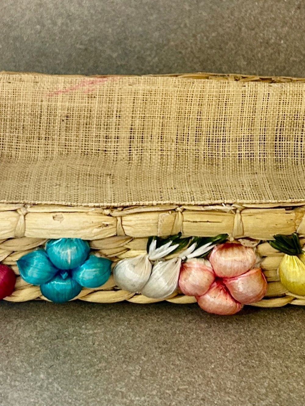 Handwoven floral wicker casserole dish holder